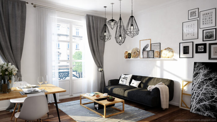 Salon zaaranżowany w monochromatycznej palecie barw o prostych meblach i oryginalnych dodatkach. Wiszące lampy oraz...