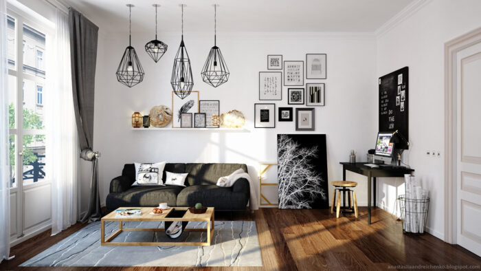 Galeria ścienna dekoruje salon w stylu skandynawskim. Kontrastowe połączenie czerni i bieli ocieplają dodatki i meble z...