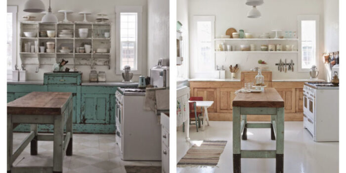 Kuchnia before & after bazuje na tym samym stylu shabby chic, ale różni się wykończeniem. We wnętrzu po remoncie...