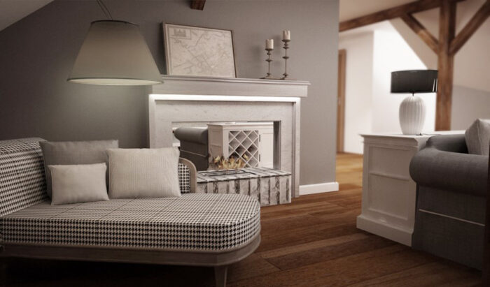 W części wypoczynkowej salonu umieszczono bardzo praktyczny mebel - wygodną leżankę z ciekawym wzorem w pepitkę....