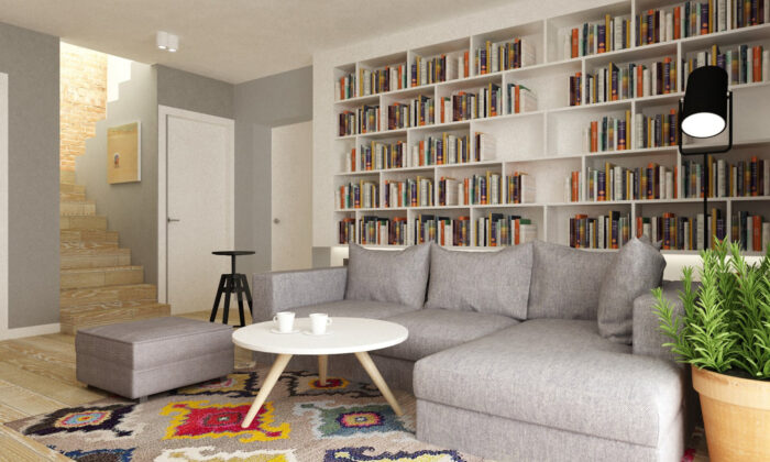Nowoczesna sofa, stolik kawowy kojarzący się ze stylem skandynawskim i niektóre elementy, które można by przypisać...