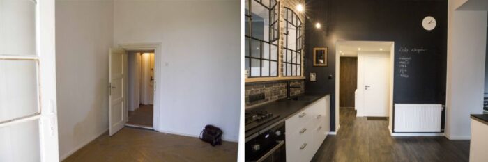 before & after kuchni z farbą tablicową