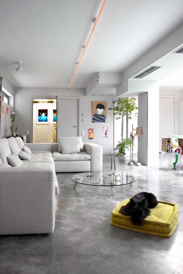 nowoczesny salon,czerwone siediska,biała sofa,złote ramy,nowoczesne grafiki,szklany stolik,kamienna podłoga,zielona butla,listwa oświetleniowa,biały narożnik