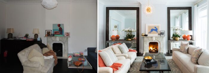 before & after salonu z kominkiem