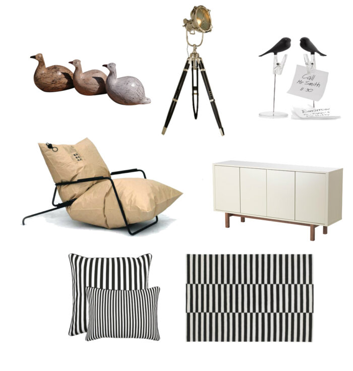 drewniane ptaki,francuskie dekoracje,lampa na trójnodze,trójnóg,nowoczesna lampa latarnia,lampa reflektor,czarne ptaszki na klamerce,przypinka ptaszki,przypinka z klamerką,ozdobna klamerka,biała komoda,nowoczesna pufa,nowoczesny dmuchany fotel,dizajnerskie siedziska,bężowe siedziska,awangardowe meble do salonu,sofa jak dmuchana torebka z papieru,workowy fotel,poduszki w paski,czarno-białe paski,dywan w paski,dywan z IKEI,dekoracje IKEA