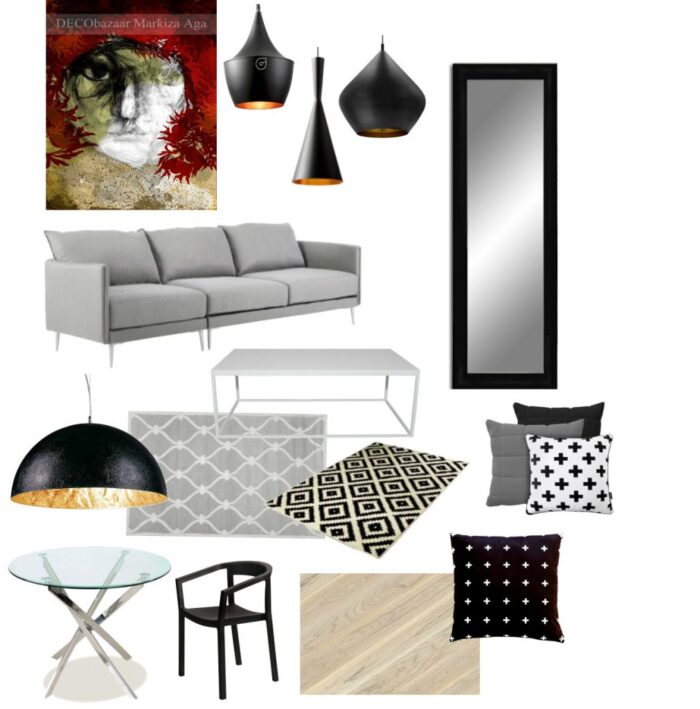 szara kanpa w stylu nowoczesnym,nowoczesna kanapa szara,sofa do salonu,czarne lampy wiszące,modne czarne lampy do salonu,nowoczesne ilustracje polskich artystów,obrazy nowoczesne do salonu,prostokatne czarne lustro na ścianę,dywan w romby,biało-czarny dywan w stylu skandynawskim,czarna lampa nad stołem,okragły stól do jadalni,czarne gięte krzesła,graficzne poduszki ozdobne,podłoga z bielonej sosny,deski sosna bielona,prostokatny biały stolik do salonu,stolik kawowy bialy z metalu,meble i dekoracje do salonu w stylu skandynawskim