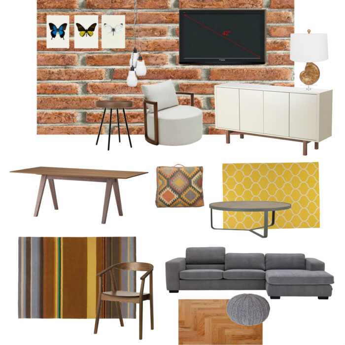 moodboard salon ze ścianą z cegły