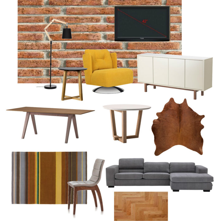 moodboard salon ze ścianą z cegły wersja 2