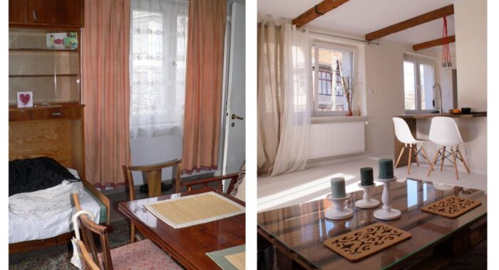 salon z kuchnią before & after