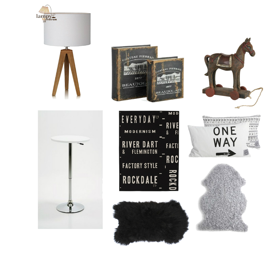 dekoracje do sypialni,lampka nocna na drewnianym trójnogu,pudełka ozdobne w kształcie książek,postarzane dekoracje vintage,pudełka w stylu vintage,drewniany konik,okrągły stolik nocny,mały stolik na jednej nodze,białosrebrny stolik nocny,poduszki z nadrukiem,białe poduszki z czarnymi napisami,owcza skóra w białym kolorze,owcza skóra w czarnym kolorze,czarny dywan z bialymi literami,poduszki i dywany z literami,skandynawskie dekoracje z drewna