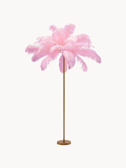 Lampa podłogowa Feather Palm z kloszem z piór strusich, wys. 165 cm